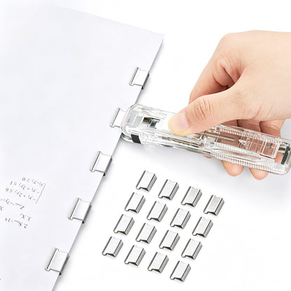 2Pcs Portable Clip Stapler with 100 Reusable Clips Push Style Paper Clamp for Office School Home