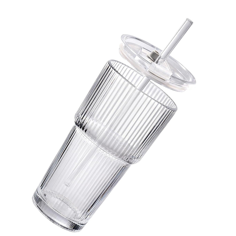 Iced Coffee Cups with Lid Ribbed Glass Tumbler with Straw Leak Proof Reusable for To Go