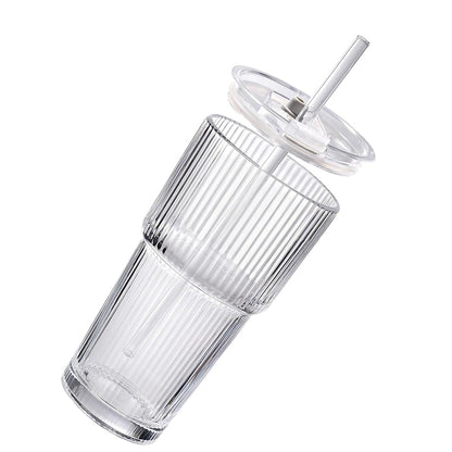 Iced Coffee Cups with Lid Ribbed Glass Tumbler with Straw Leak Proof Reusable for To Go