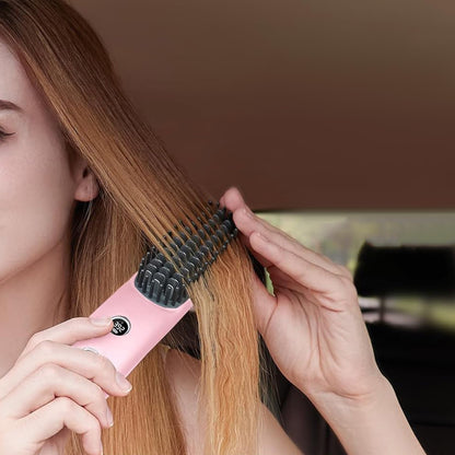 Cordless LCD Hair Straightening Brush 2-in-1 Portable Styling Tool for Travel-Pink