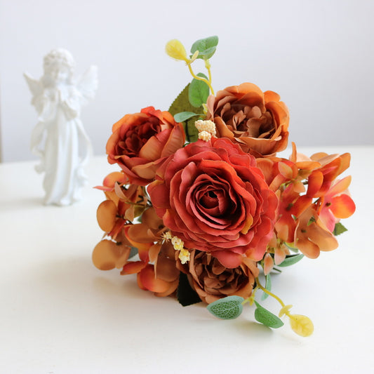 Artificial Peony Flowers Faux Flowers Satin Silk Rose Lilies Bouquet Vintage Home Decor-Orange