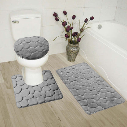 3 Piece Set Bathroom Mats Pebble Pattern Floor Mat Gray