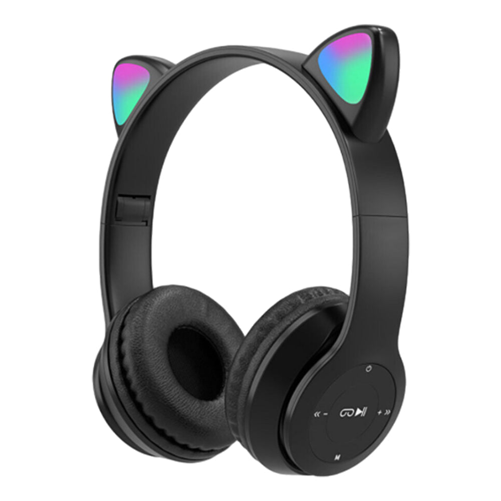 Bluetooth 5.0 Wireless Cat Shape Headphones with RGB Light Foldable Headset Black