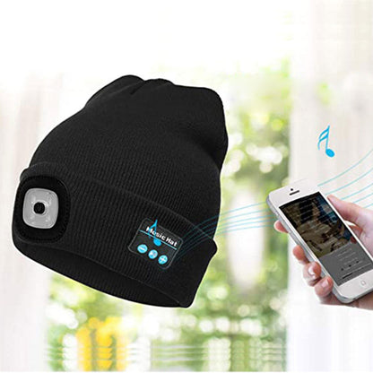 Unisex Wireless Bluetooth Headphone Hat LED Torch Beanies Black