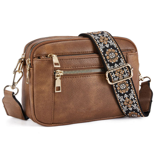 Color-Block Small Crossbody Bags for Women PU Leather Shoulder Handbag Purse with Adjustable Wide Strap Brown