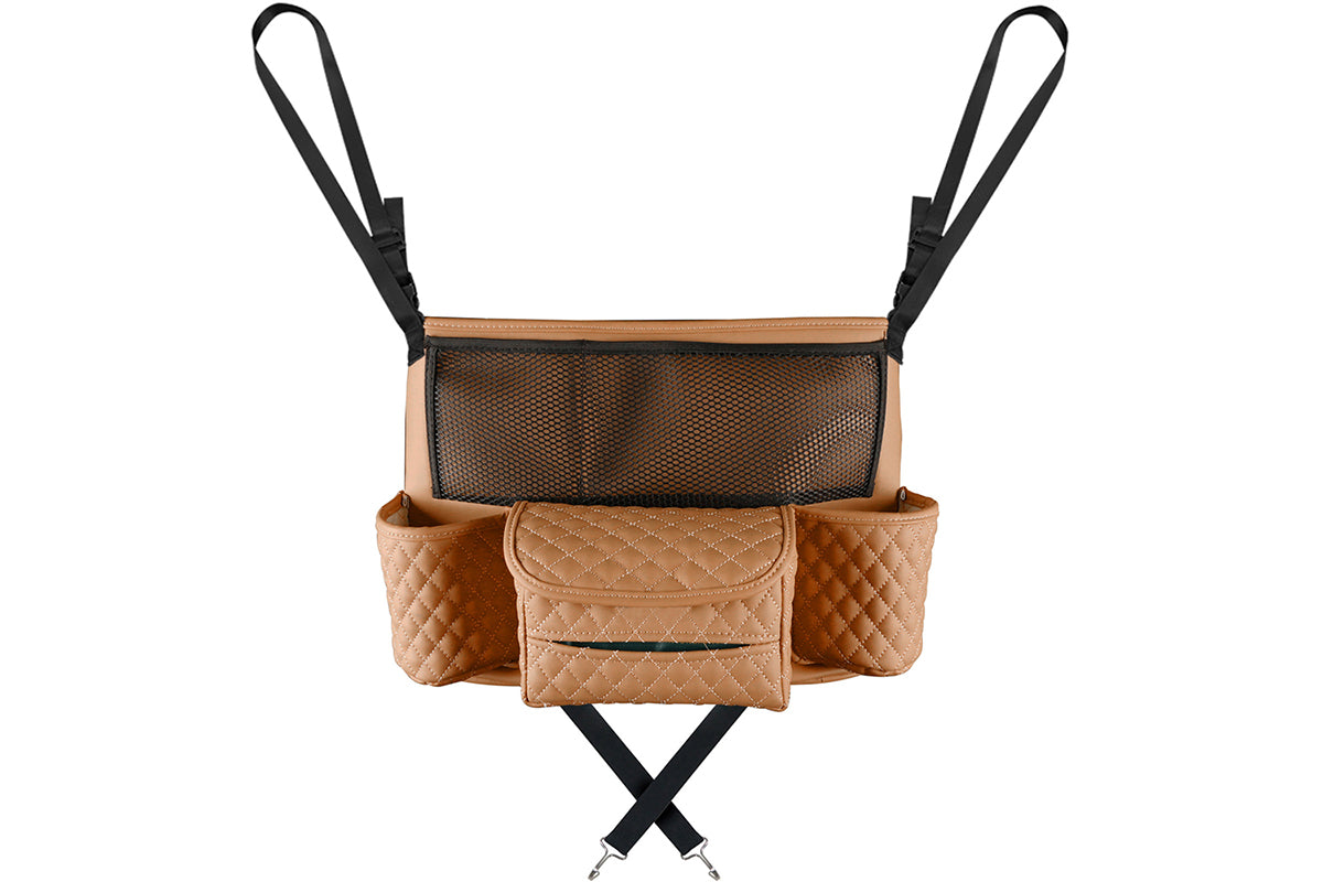 Car Handbag Holder Net Pocket Organizer For Handbag Storage Between Seats-Brown
