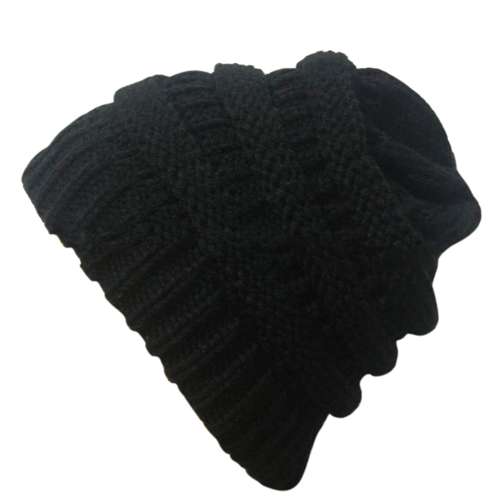 Winter Cable Knit Ponytail Beanie High Bun Crochet Hat - Black