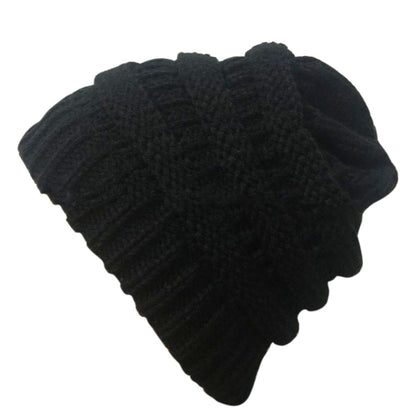 Winter Cable Knit Ponytail Beanie High Bun Crochet Hat - Black
