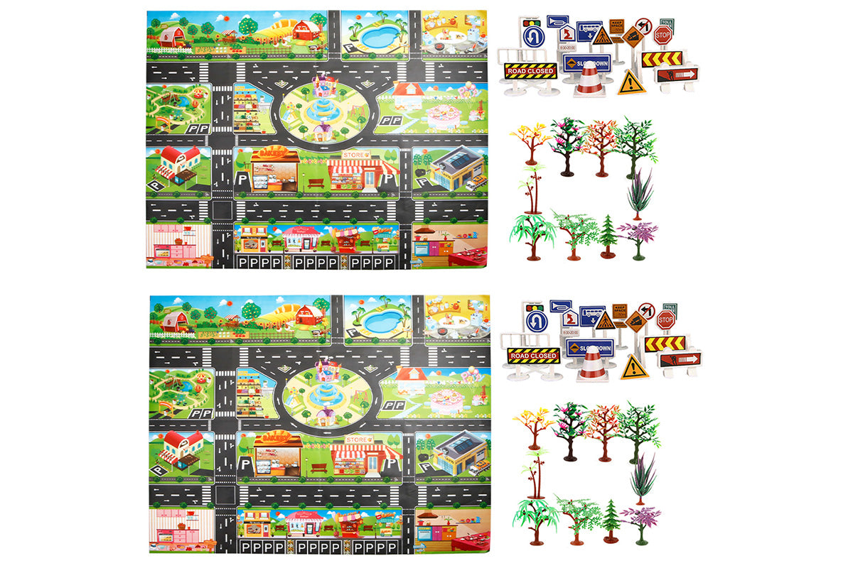 58Pcs Floor Play Mat Rug Traffic Road Signs Car Track City Carpet Toy with 10 Trees