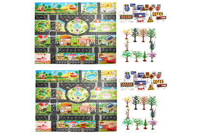 58Pcs Floor Play Mat Rug Traffic Road Signs Car Track City Carpet Toy with 10 Trees