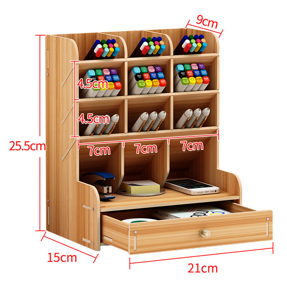 12 Compartment Wooden Desk Organizer with Drawers Art Supplies Storage Desktop Stationary-Khaki