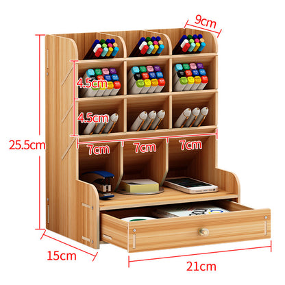 12 Compartment Wooden Desk Organizer with Drawers Art Supplies Storage Desktop Stationary-Khaki