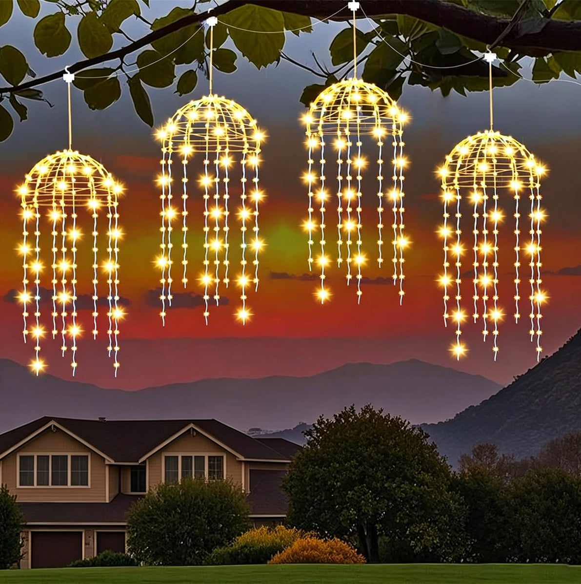 4 Pack Solar Hanging Jellyfish Lights with 256 LEDs and 8 Modes - Warm Light