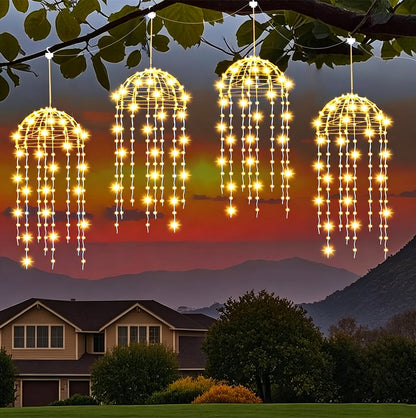 4 Pack Solar Hanging Jellyfish Lights with 256 LEDs and 8 Modes - Warm Light