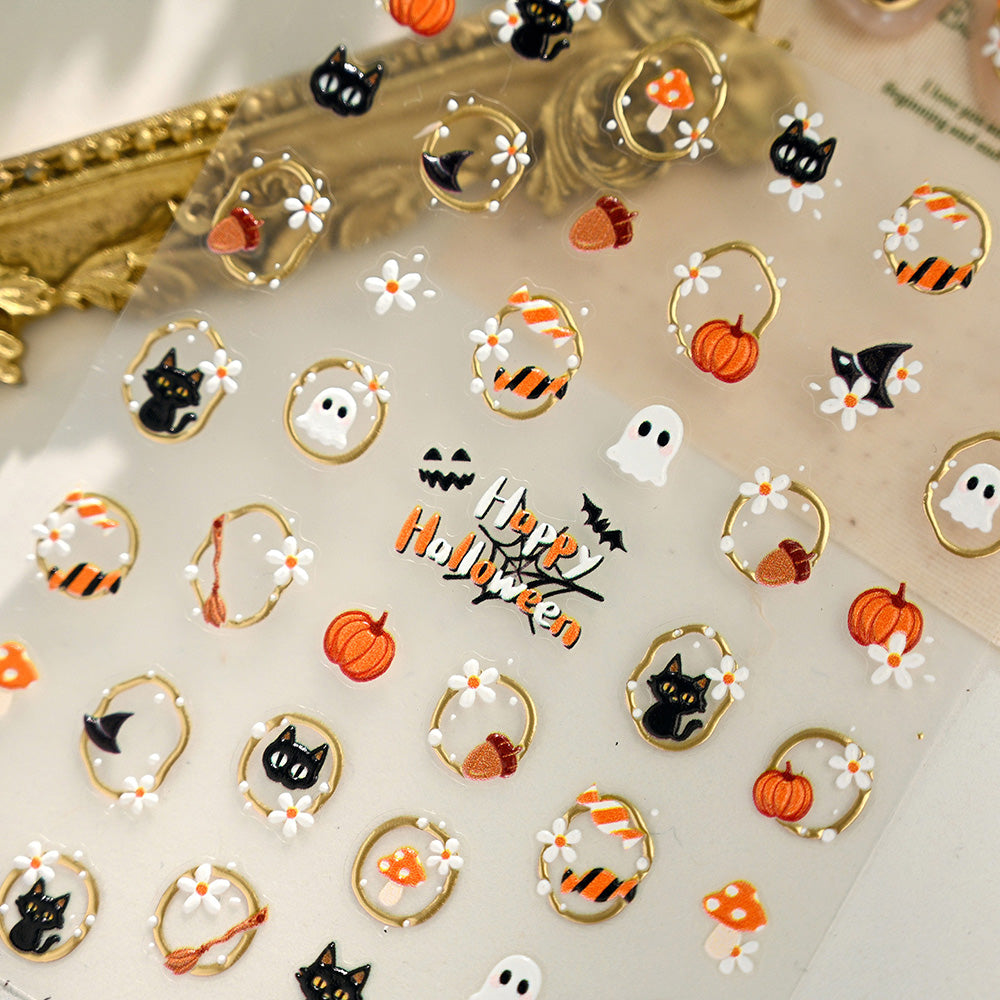Halloween Nail Art Stickers Black Cat Ghost Pumpkin Self-Adhesive