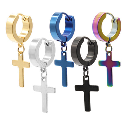 Unisex Cross Dangle Hoop Huggie Stainless Steel Ear Stud Earrings
