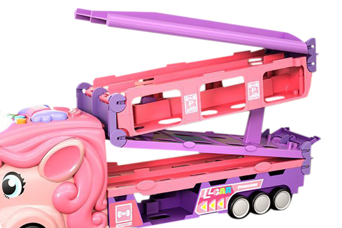 Car Toys Unicorn Toys Truck with Foldable Race Track and 6 Princess Cars for Girls