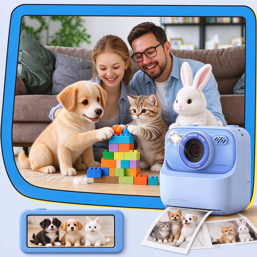 Instant Print Camera for Little Ones Dual Lens Digital Camera with 32G Card - Blue