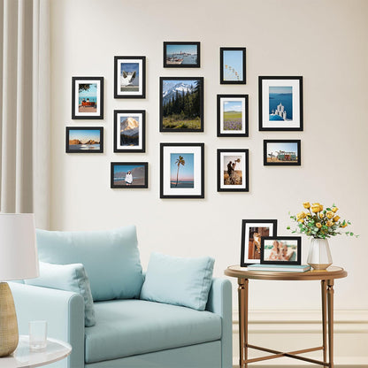 15 Piece Picture Frame Set Multi-size Collage Photo Frames for Wall or Tabletop Display-Black