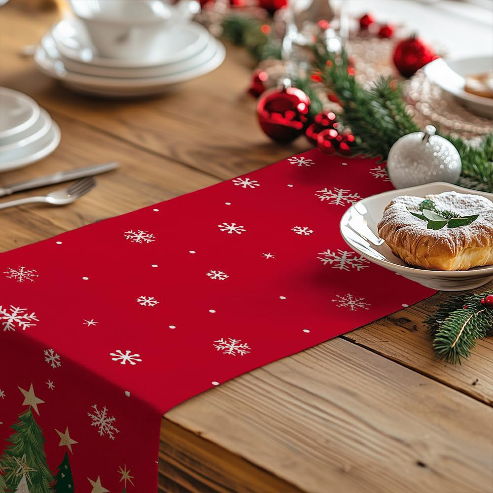 Christmas Table Runner with Xmas Trees Festive Tablecloth Cover for Kitchen Dinner Party Red