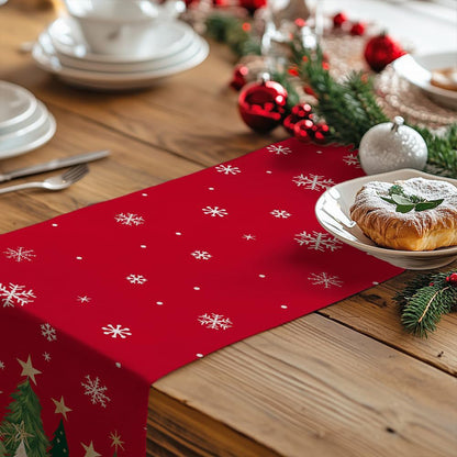 Christmas Table Runner with Xmas Trees Festive Tablecloth Cover for Kitchen Dinner Party Red