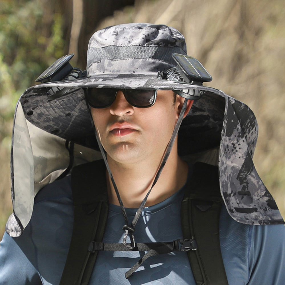 Outdoor Wide Brim Sun Hat with 2 Solar Fan Sun Bucket Hat for Fishing Camping Hiking Patterned Grey