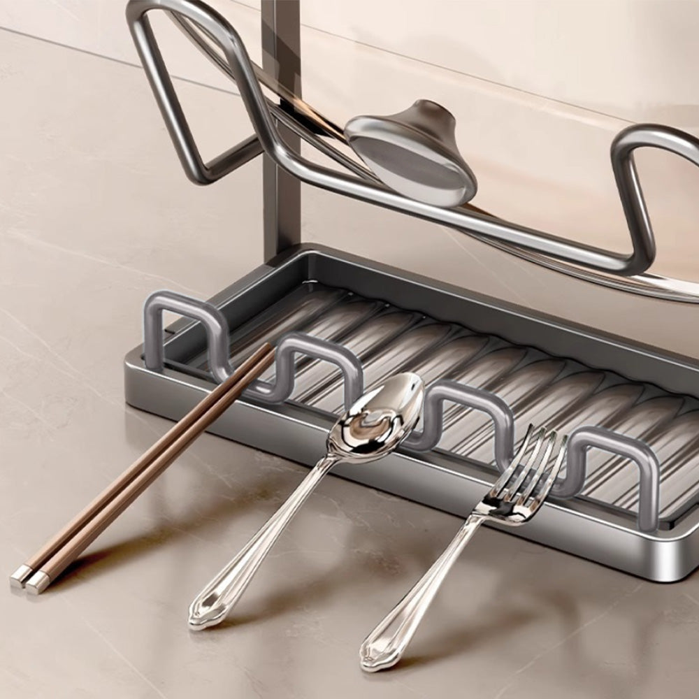 Pot Lid Storage Rack Carbon Steel Holder with Drip Tray Organizer-Grey
