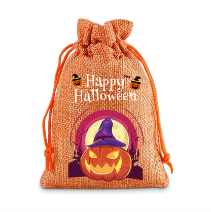 12 Pack Halloween Burlap Drawstring Gift Bags with Pumpkin Ghost Designs - Orange