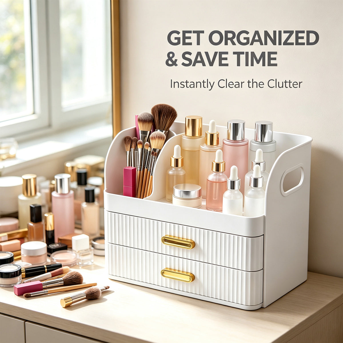 Makeup Organiser with 2 Drawers Cosmetic Storage Box Multi-Section Makeup Skincare Storage Box White