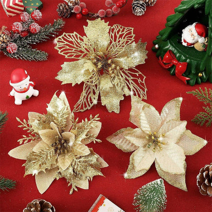 24Pcs Artificial Flowers Christmas Tree Ornaments for Wreath Fireplace Stairs Decor Gold