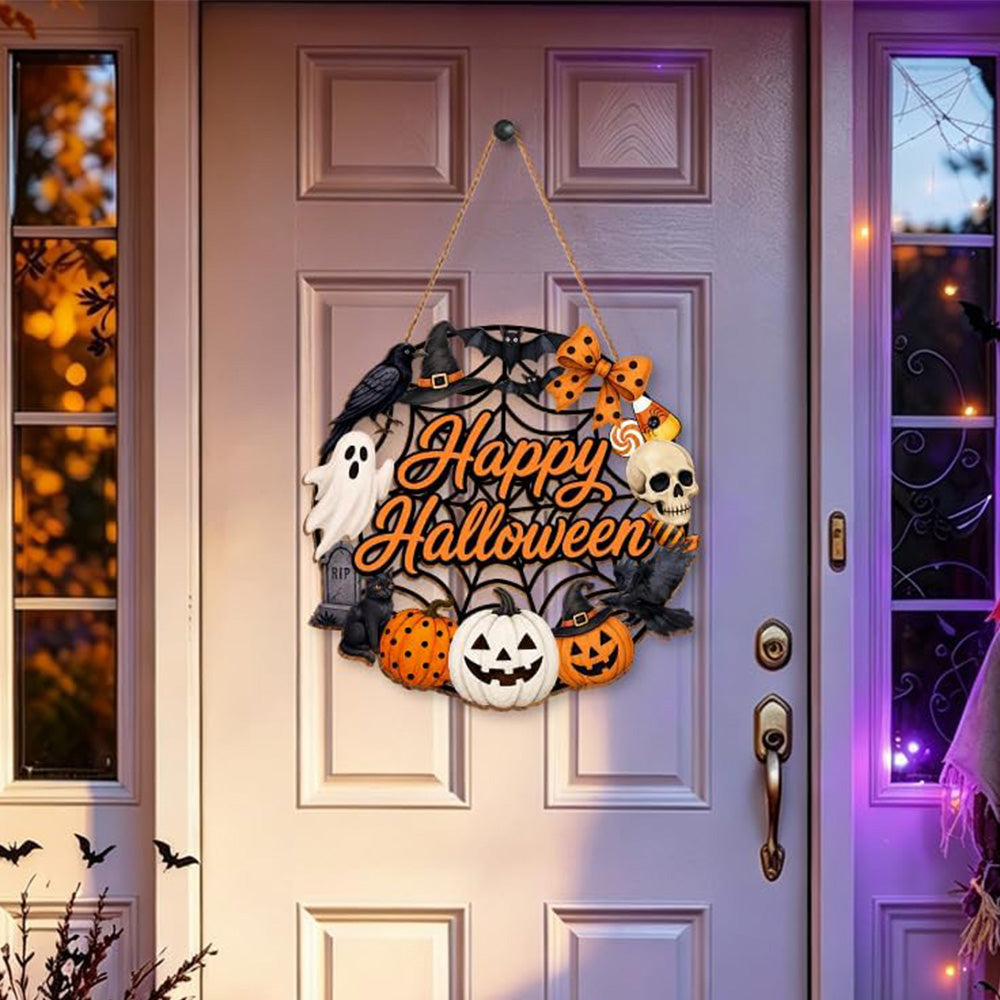 2 Pack Engineered Wood Halloween Ghost Pumpkin Hanging Door Signs - Happy Halloween