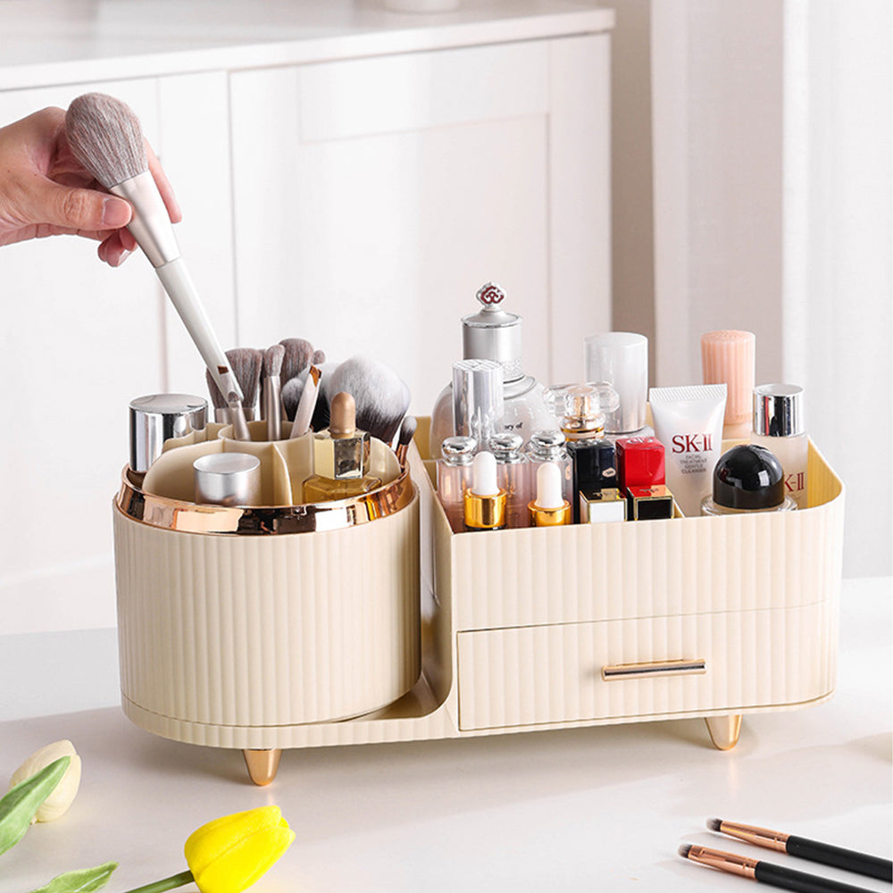 Rotating Makeup Organizer for Vanity with Brush Holder and Drawer Spinning Cosmetic Storage Case Beige