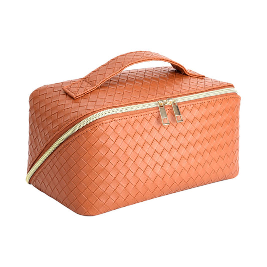 Makeup Bag Large Capacity Travel Cosmetic Bag Portable PU Leather Makeup Bag Organizer Orange