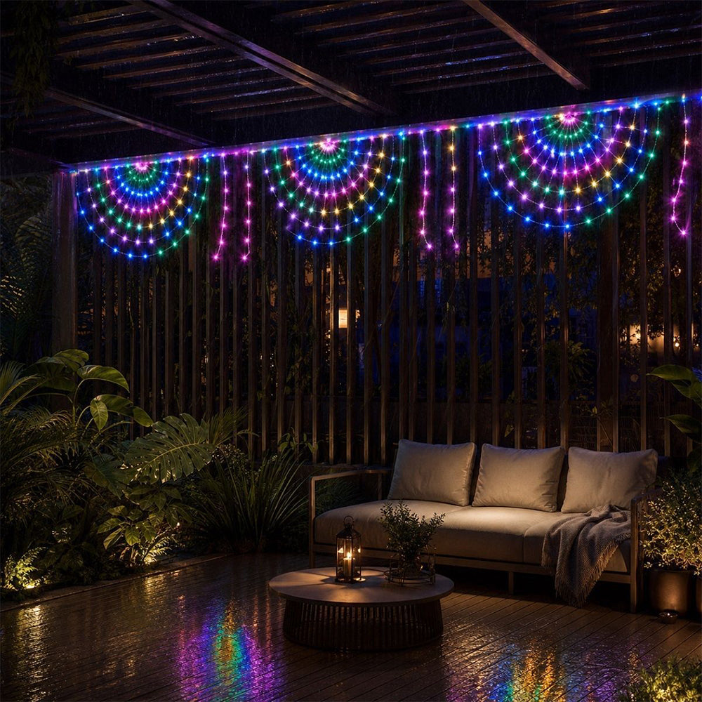 3 Panel Waterfall Curtain Lights Solar Peacock Net String Lights - Multicolor
