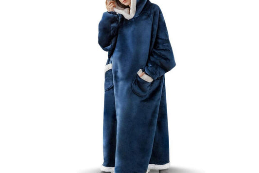 Wearable Blanket Hoodie Cozy Warm Fleece Sherpa Blanket-Navy blue