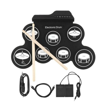 7-Pad Electronic Drum Set Roll-up Drum Practice Pads for Kids Black