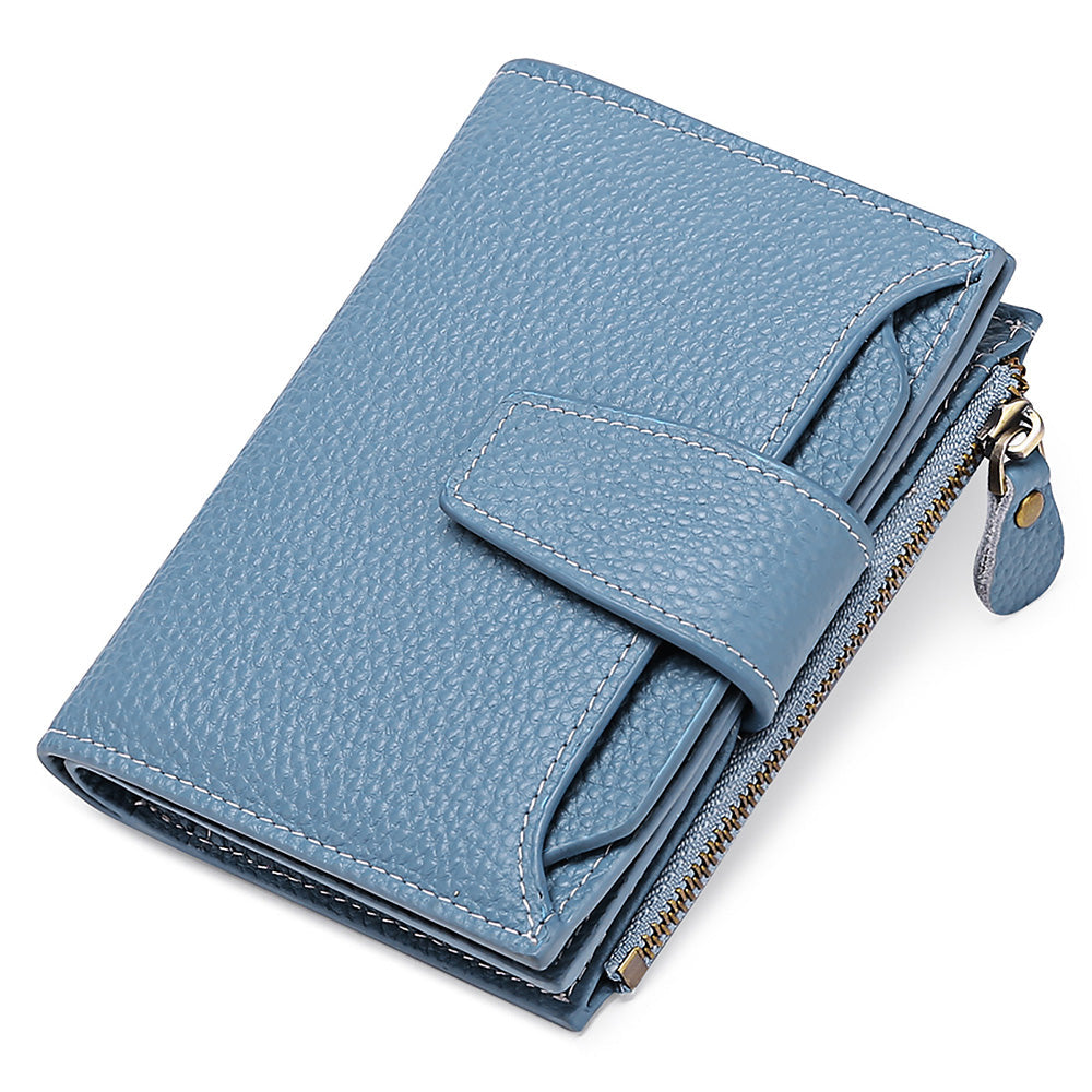 Genuine Leather Women's Wallet Short RFID Blocking Purse with Zipper Light blue