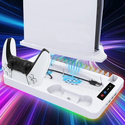 Gaming For PS5 Slim Pro Docking and Cooling Station Charger Headset Holder With RGB Light-White