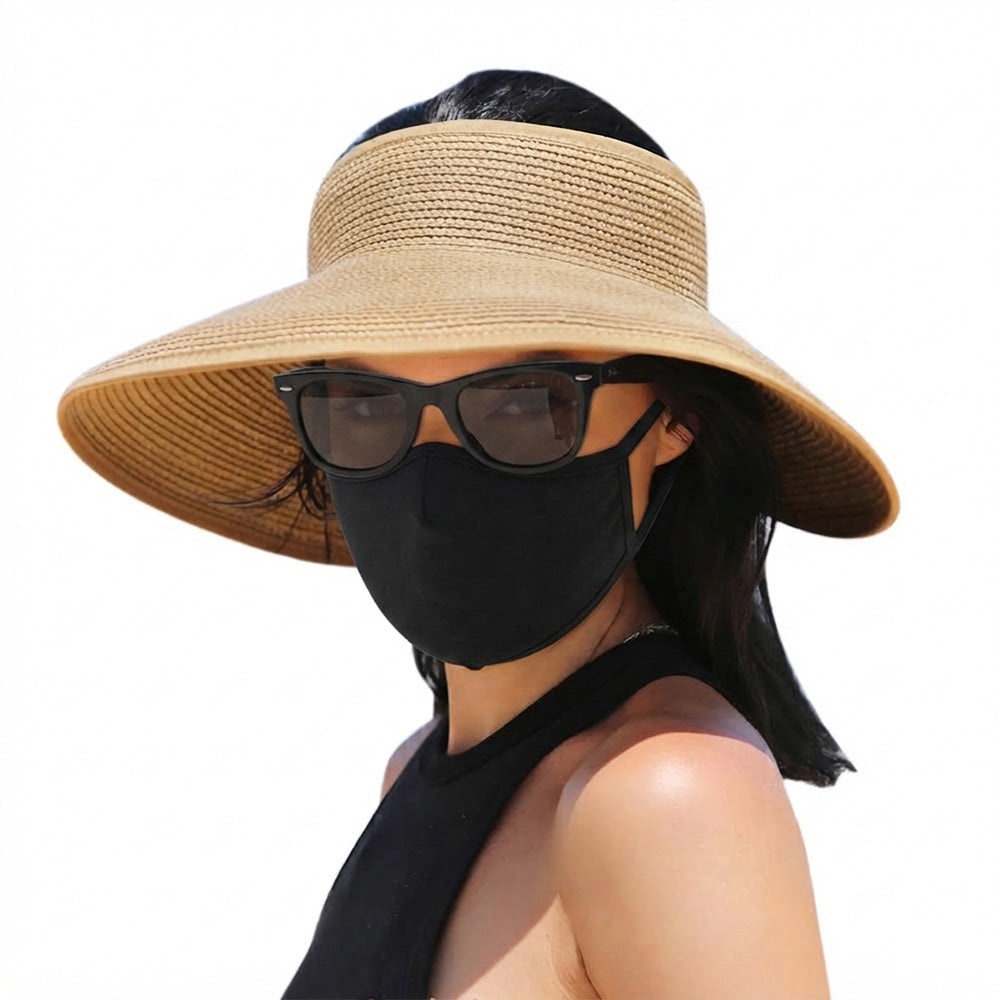 Foldable Adjustable Wide Brim Open Top Outdoor Sun Visor Hat - Khaki