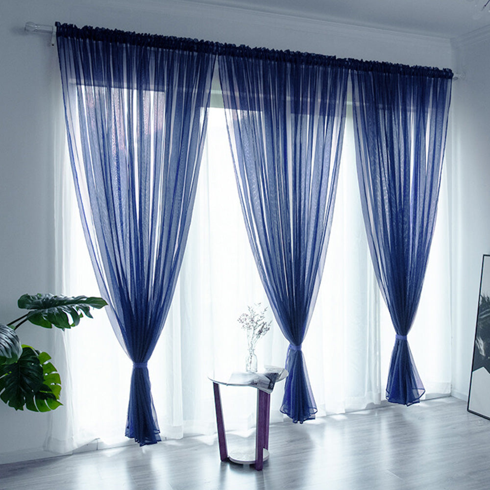 3 Piece Polyester Sheer Rod Pocket Curtains for Window Door  Divider - Blue
