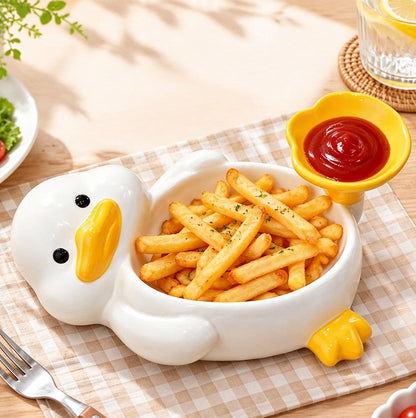 Ceramic Duck Shaped Snack Bowl with Built In Dipping Sauce Compartment