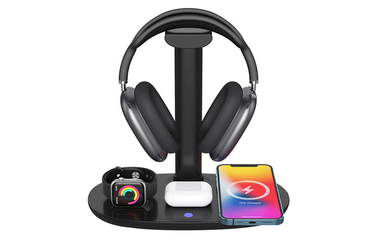 Wireless Charging Station 4-in-1 Qi Fast Charger Charging Dock Stand for iPhone Samsung Galaxy -Black