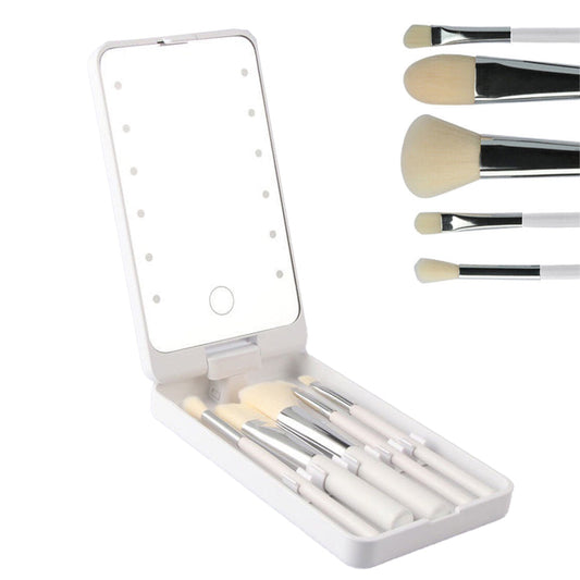 Rotating LED Vanity Mirror with 5 Cosmetic Brushes Portable Travel Makeup Mirror with Light White