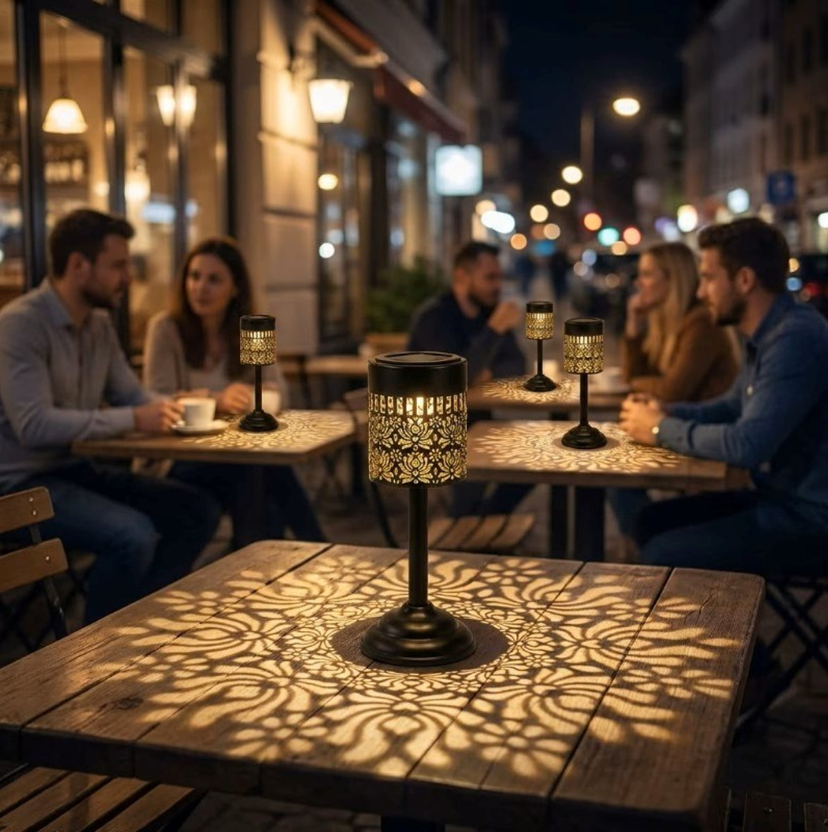 Outdoor Solar Cutout Metal Table Lantern for Patio and Garden - Warm White