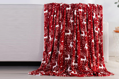 Breathable Christmas Blanket Elegant Comfort Luxury Velvet Fleece Christmas Tree Blanket Cozy Throws for Winter Bedding-Red Reindeer