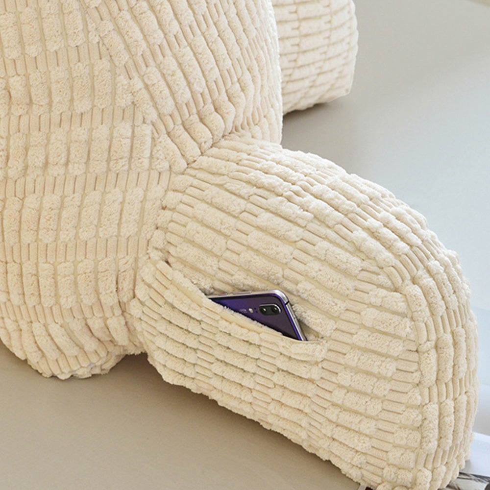 Bedside Backrest Cushion with Armrests Pocket and Washable Cover - Beige