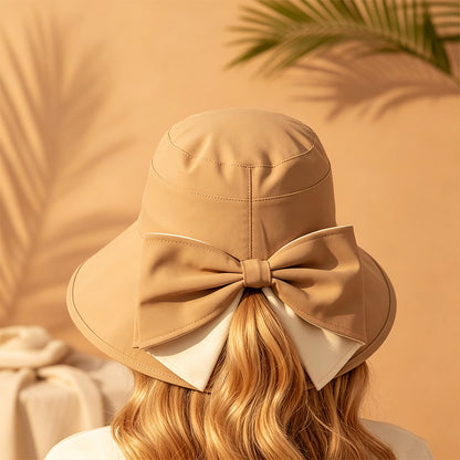 Wide Brim Bow Sun Hat Foldable Breathable Hat for Women - Khaki