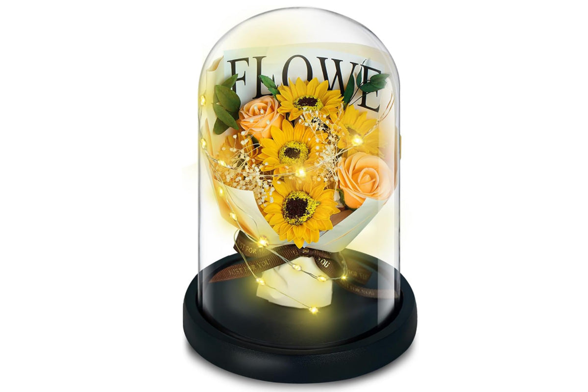 Rose in Glass Dome Handmade Preserved Flower Decoration Dome with Led LightsYellow