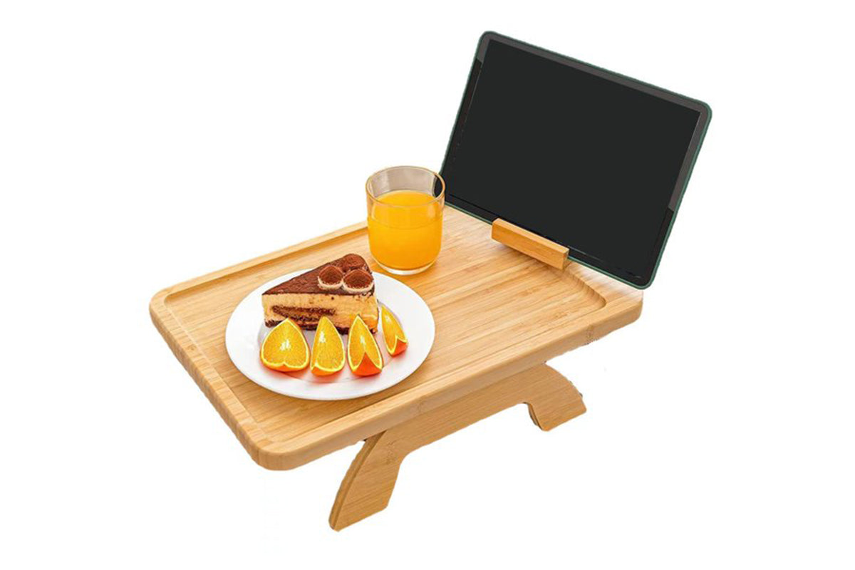 2pcs Bamboo Foldable Clip On Sofa Armrest Tray with Phone Holder-Rectangular