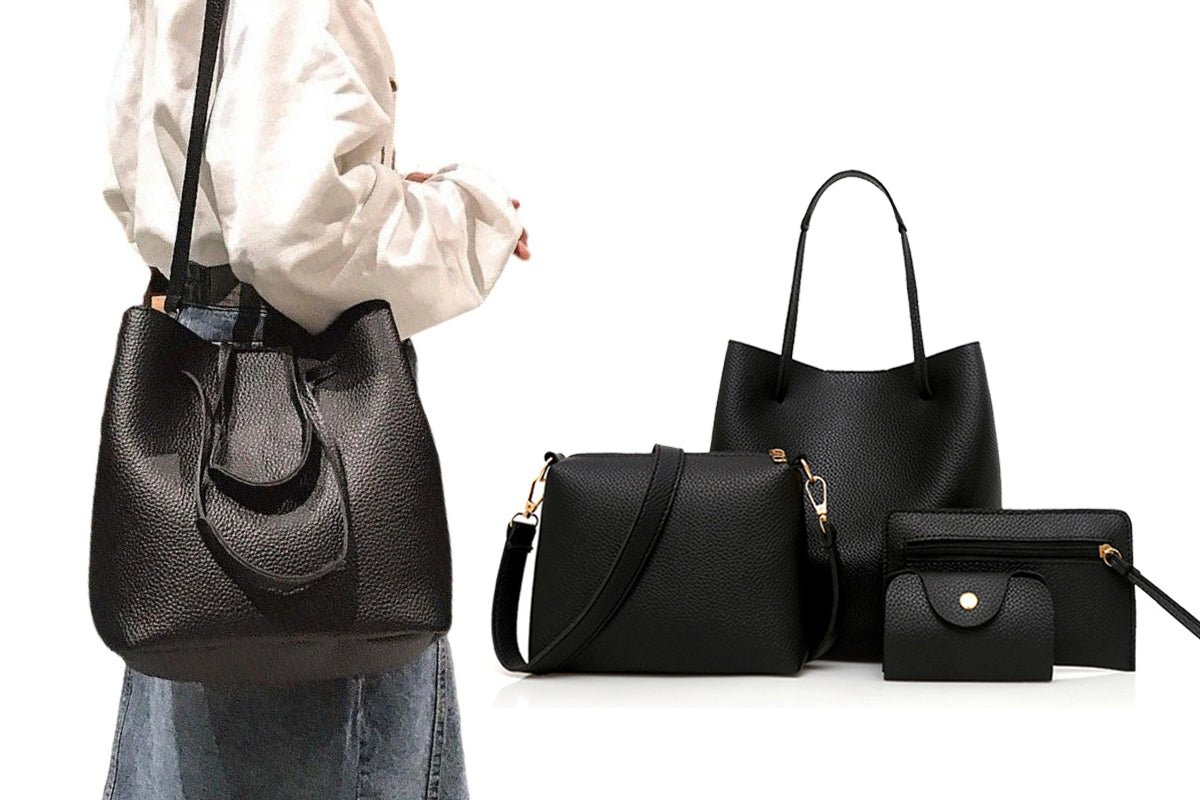 4 Pack Women Soft PU Leather Top Handle Bags Set-Black